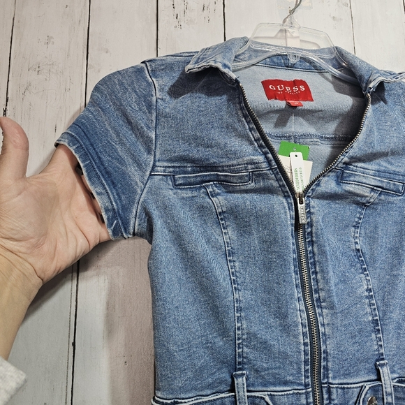NWT GUESS Womens Blue Stretch Denim Romper Zip Front Belted Short Sleeve Size XS - Picture 4 of 11